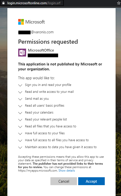  پنجره مجوزهای برنامه Azure 