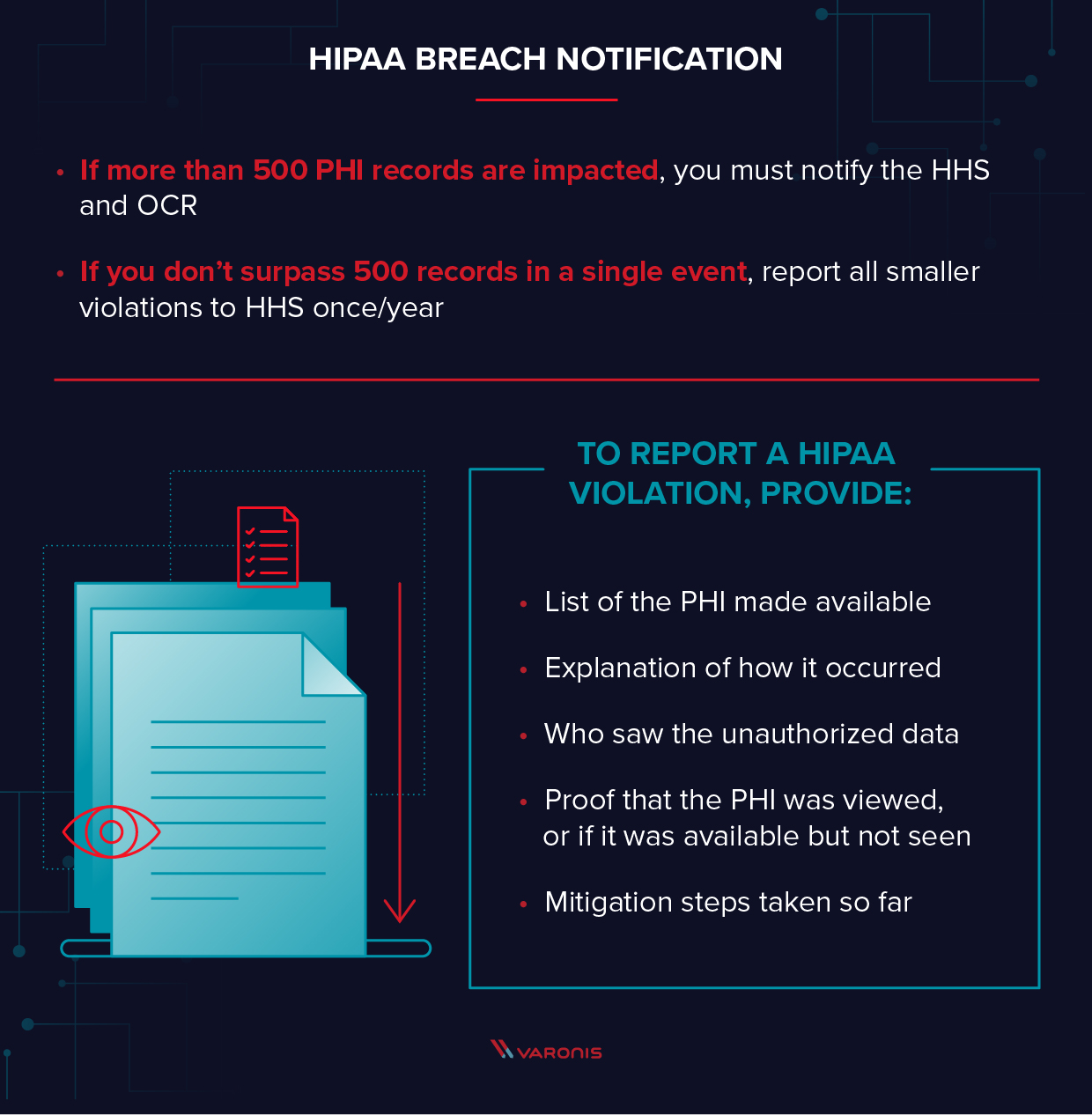  عنوان: اطلاع رسانی نقض HIPAA کپی: اگر بیش از 500 پرونده PHI تحت تأثیر قرار گرفته است ، باید HHS و OCR را آگاه سازید اگر در یک رویداد از 500 رکورد پیشی نگیرید ، همه تخلفات کوچکتر را یک بار در سال به HHS گزارش دهید. زیرنویس: برای گزارش تخلف HIPAA ، ارائه دهید: کپی: لیست PHI موجود توضیحی در مورد چگونگی رخ داده چه کسی داده های غیرمجاز را اثبات کرده است که PHI مشاهده شده است ، یا اگر در دسترس بود اما مراحل کاهش تاکنون مشاهده نشده است. 